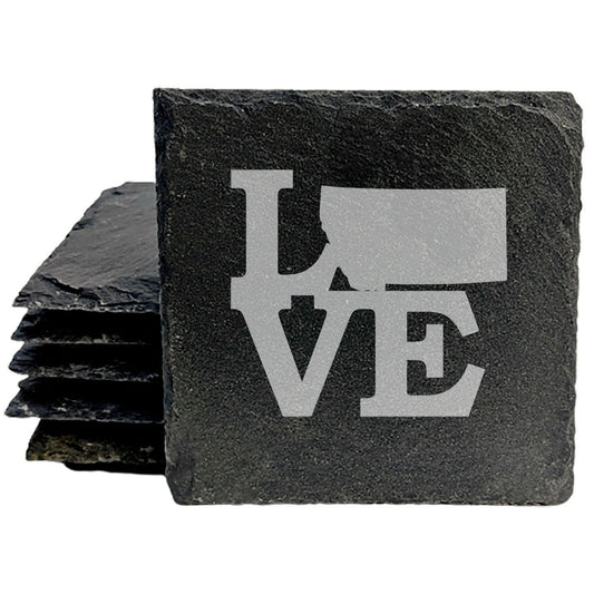 Rustic Slate Coasters Set of 4, Round 4" with 'LOVE' Montana Design, Laser Etched, Perfect for Holidays, Birthdays, Housewarming Gifts, Made in Oregon, USA, Natural Chipped Edge, Rubber Feet