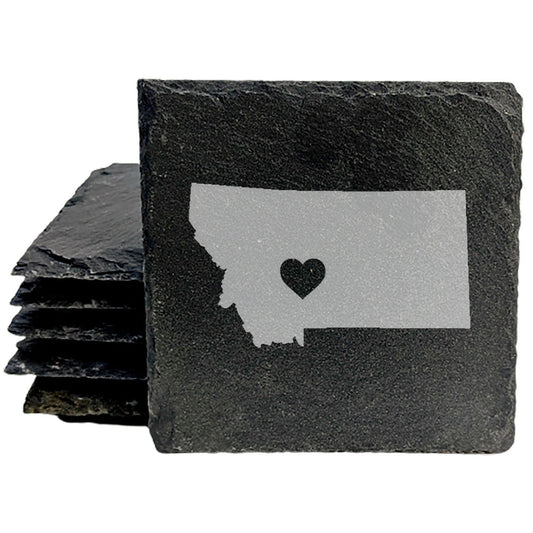 Rustic Slate Coasters Set of 4, Round 4" with Montana Heart Design, Laser Etched, Perfect for Holidays, Birthdays, Housewarming Gifts, Made in Oregon, USA, Natural Chipped Edge, Rubber Feet
