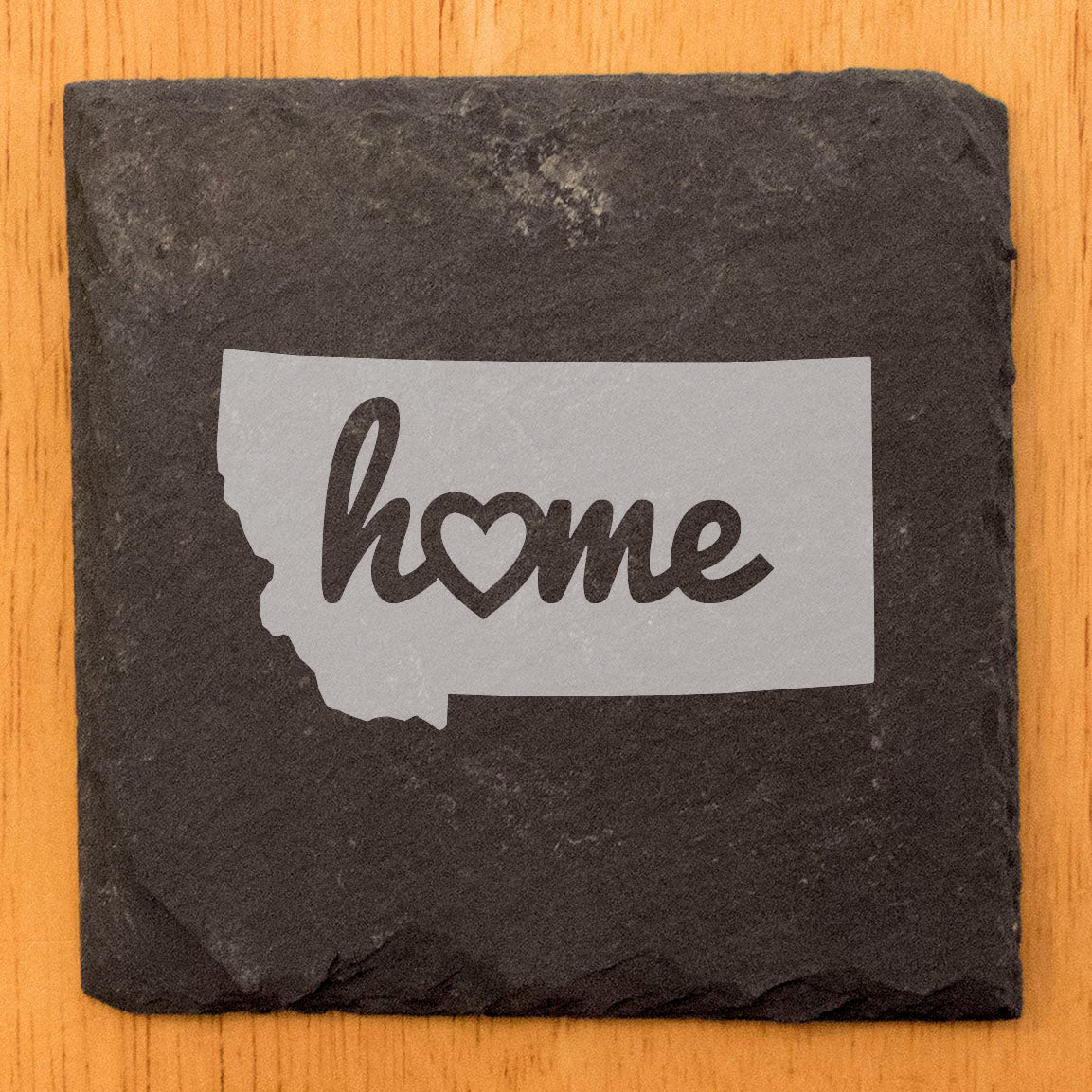 Rustic Slate Coasters Set of 4, Round 4" with Montana 'Home' Heart Design, Perfect for Holidays, Birthdays, Housewarming Gifts, She-Shed or Man Cave, Made in Oregon, USA, Natural Chipped Edge