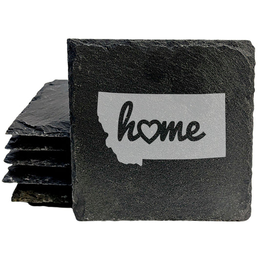 Rustic Slate Coasters Set of 4, Round 4" with Montana 'Home' Heart Design, Perfect for Holidays, Birthdays, Housewarming Gifts, She-Shed or Man Cave, Made in Oregon, USA, Natural Chipped Edge