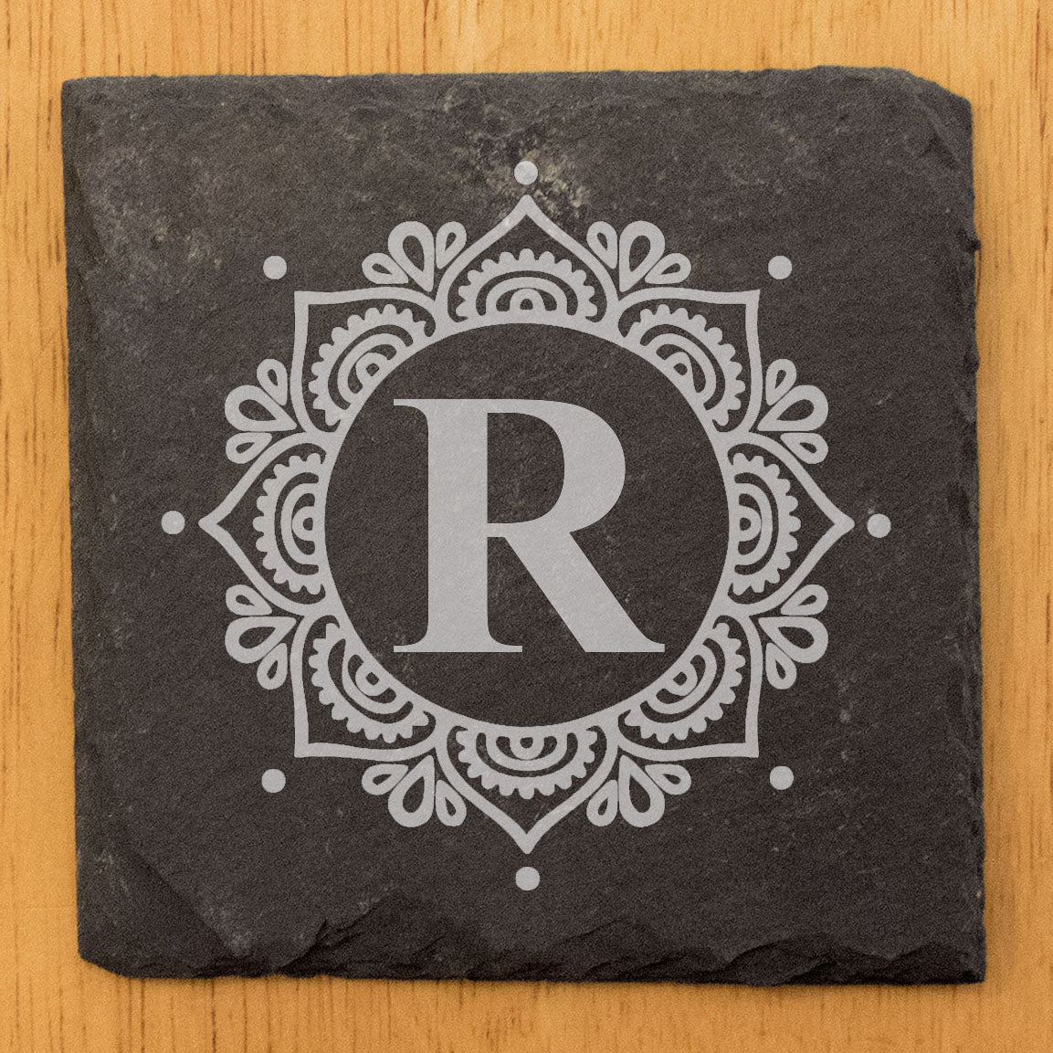 Monogram Magic: Personalized Mandala Coasters on Rustic Slate