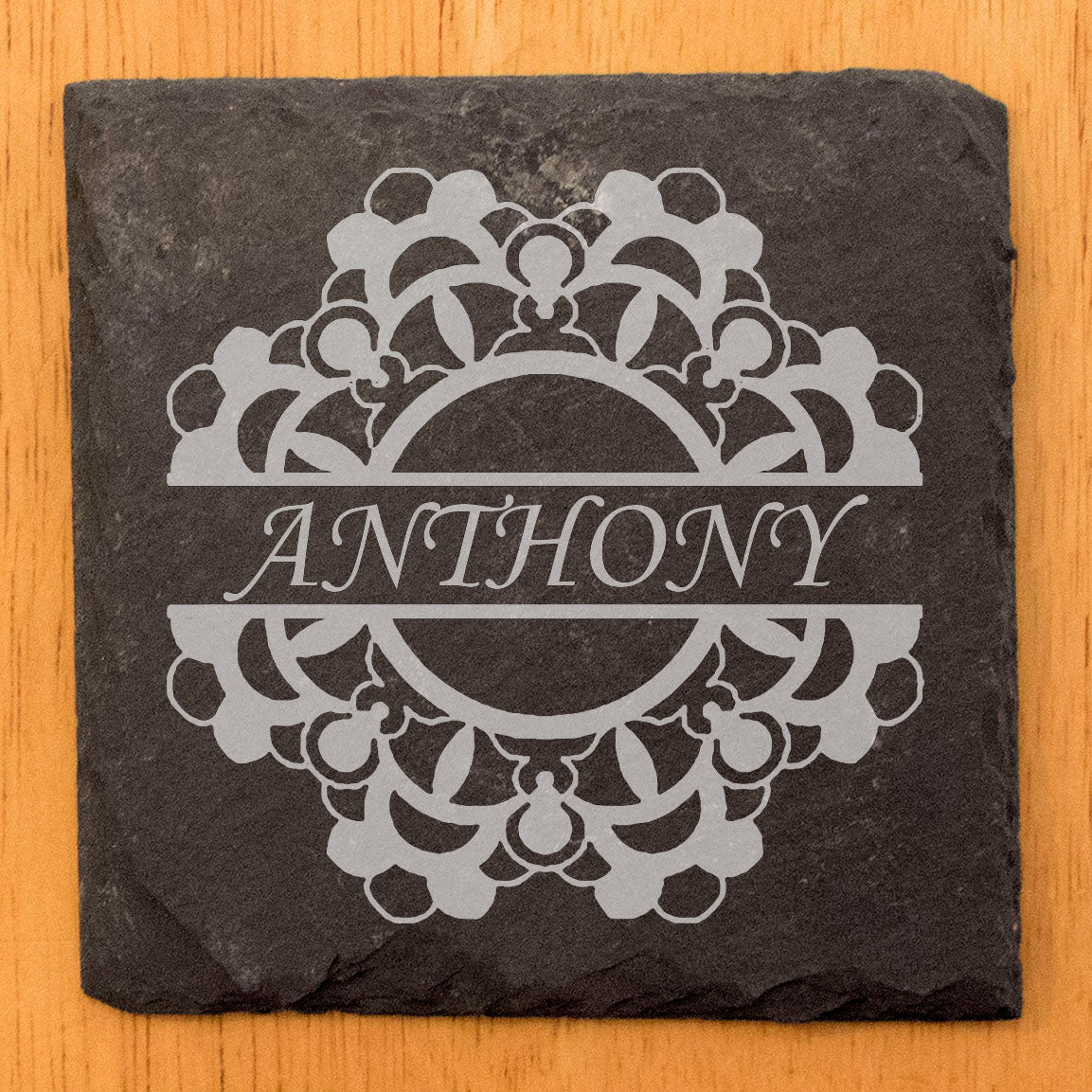 Rustic Harmony: Personalized Floral Mandala Coasters on Slate