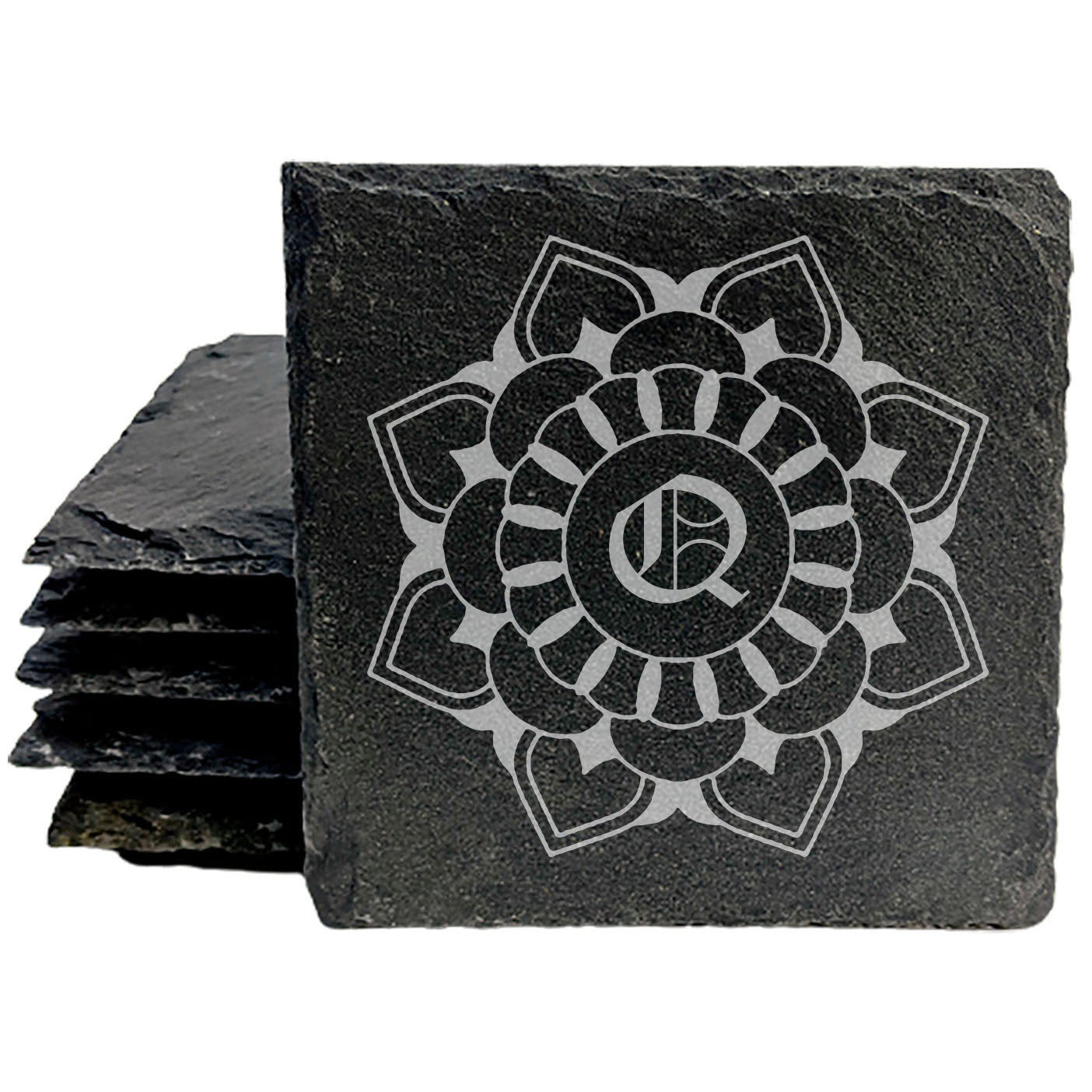 Rustic Harmony: Personalized Floral Mandala Coasters on Slate