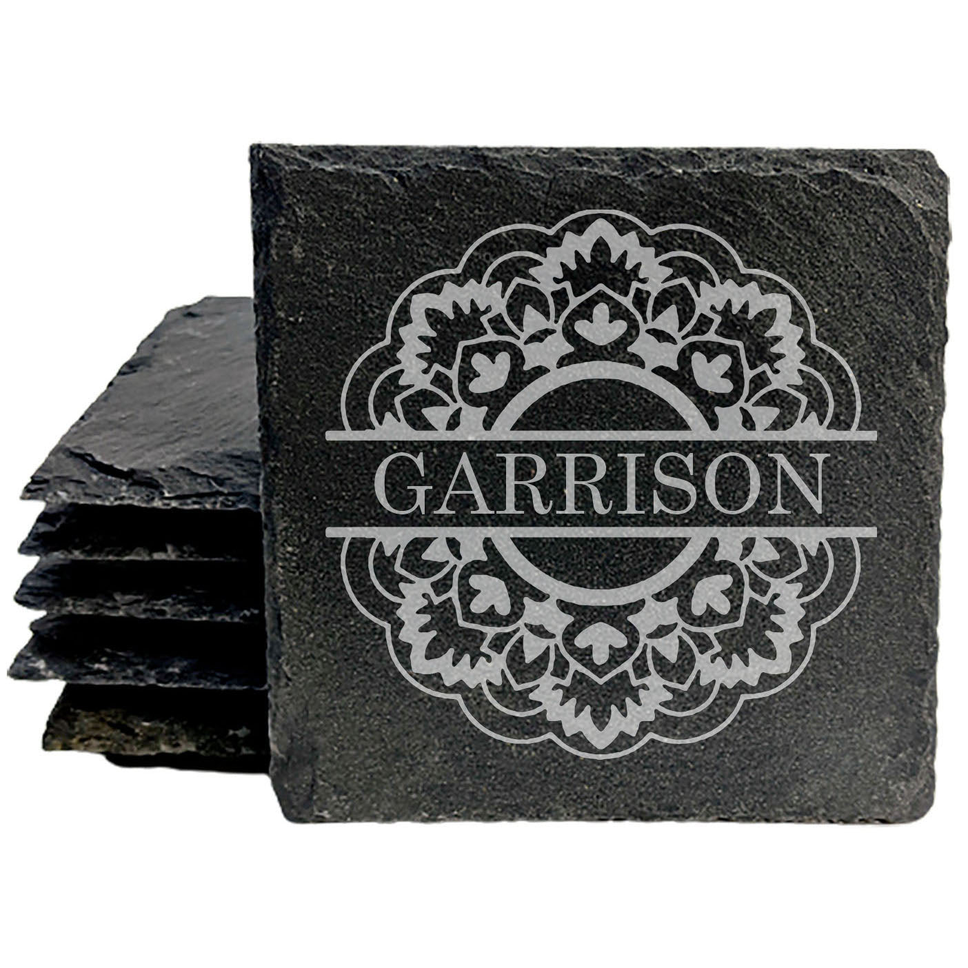 Rustic Elegance: Personalized Floral Name &amp; Slate Coasters