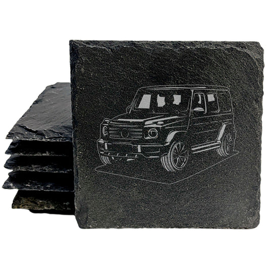 Mercedes G350 Design Rustic Gray Slate Coasters Set of 4 - Laser Etched, Natural Chipped Edge, Rubber Feet - Perfect Gift for Holidays, Birthdays, Housewarming - Made in Oregon USA by Small Business