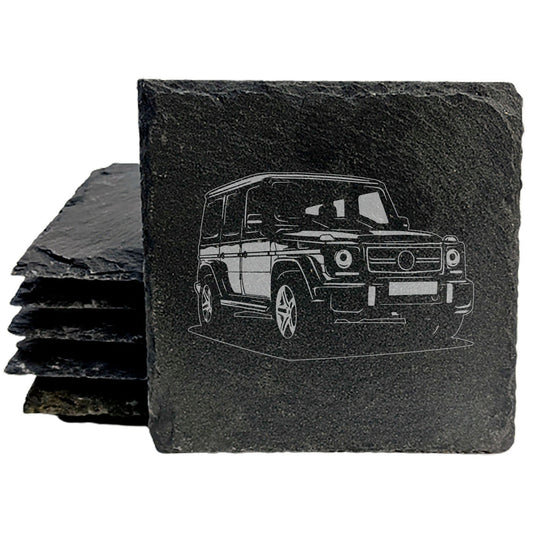 Mercedes G500 W463 Design Rustic Gray Slate Coasters Set of 4 - Laser Etched, Hand Drawn Style, Natural Chipped Edge, Rubber Feet - Perfect Gift for Holidays, Birthdays, Housewarming - Made in USA