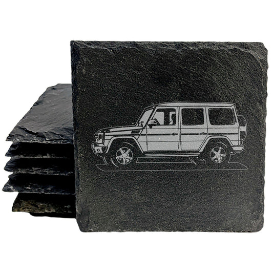 Mercedes G500 Design Rustic Gray Slate Coasters Set of 4 - Laser Etched, Natural Chipped Edge, Rubber Feet - Perfect Gift for Holidays, Birthdays, Housewarming - Made in Oregon USA by Small Business