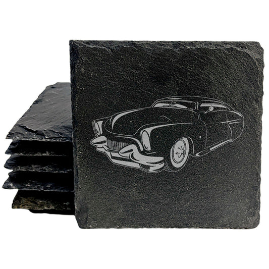 1950 Mercury Hardtop Design Rustic Gray Slate Coasters Set of 4 - Laser Etched, Natural Chipped Edge, Rubber Feet - Perfect for Holidays, Birthdays, Housewarming Gifts - Made in Oregon USA