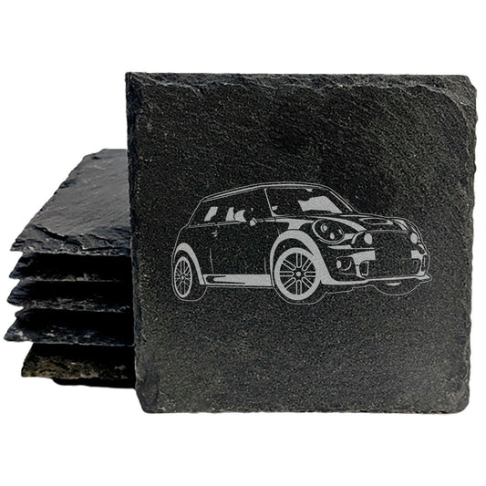 Mini Cooper Design Rustic Gray Slate Coasters Set of 6 - Laser Etched, Natural Chipped Edge, Rubber Feet - Perfect for Holidays, Birthdays, Housewarming Gifts - Made in Oregon USA by Small Business