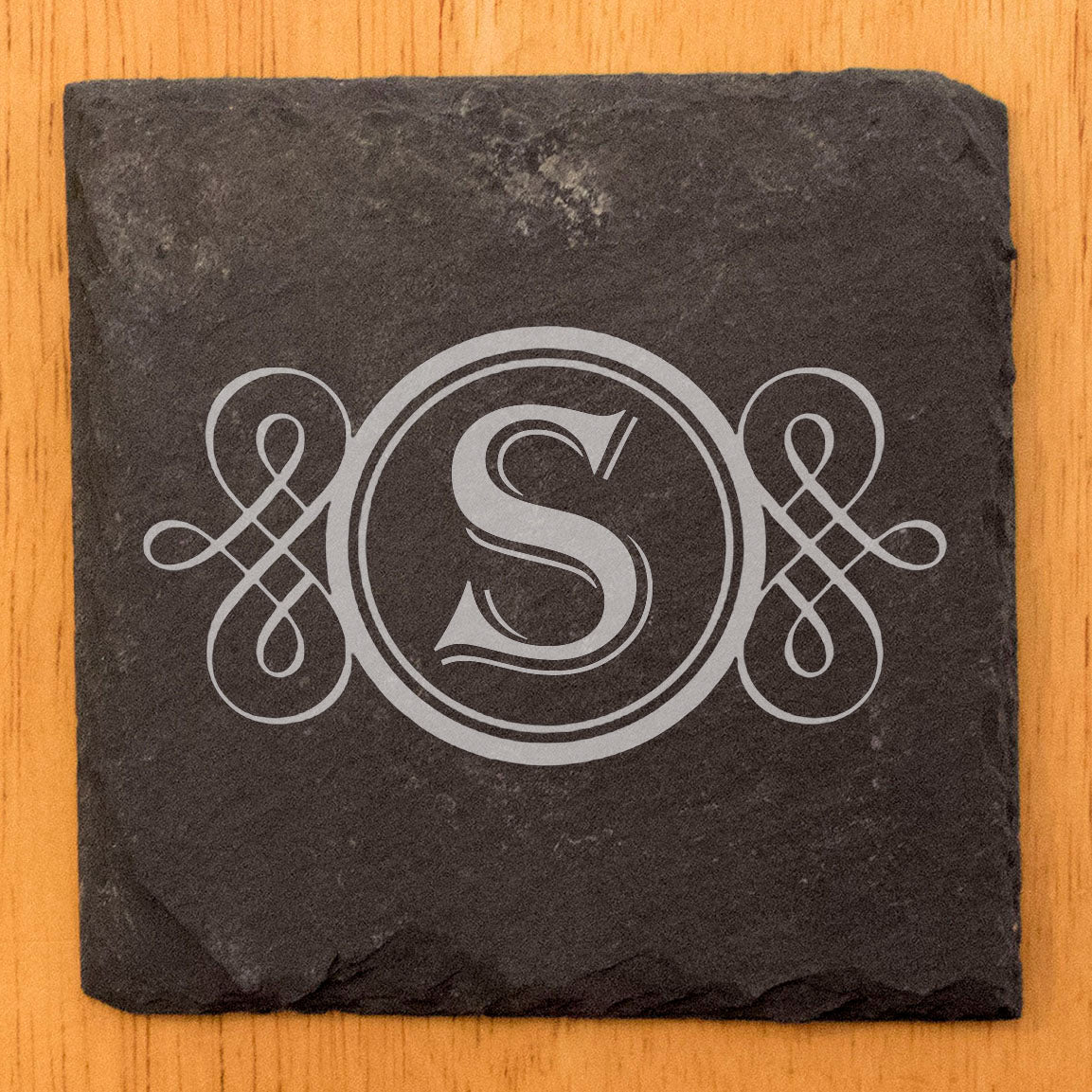 Rustic Refinement: Personalized Slate Coasters with Initial Design