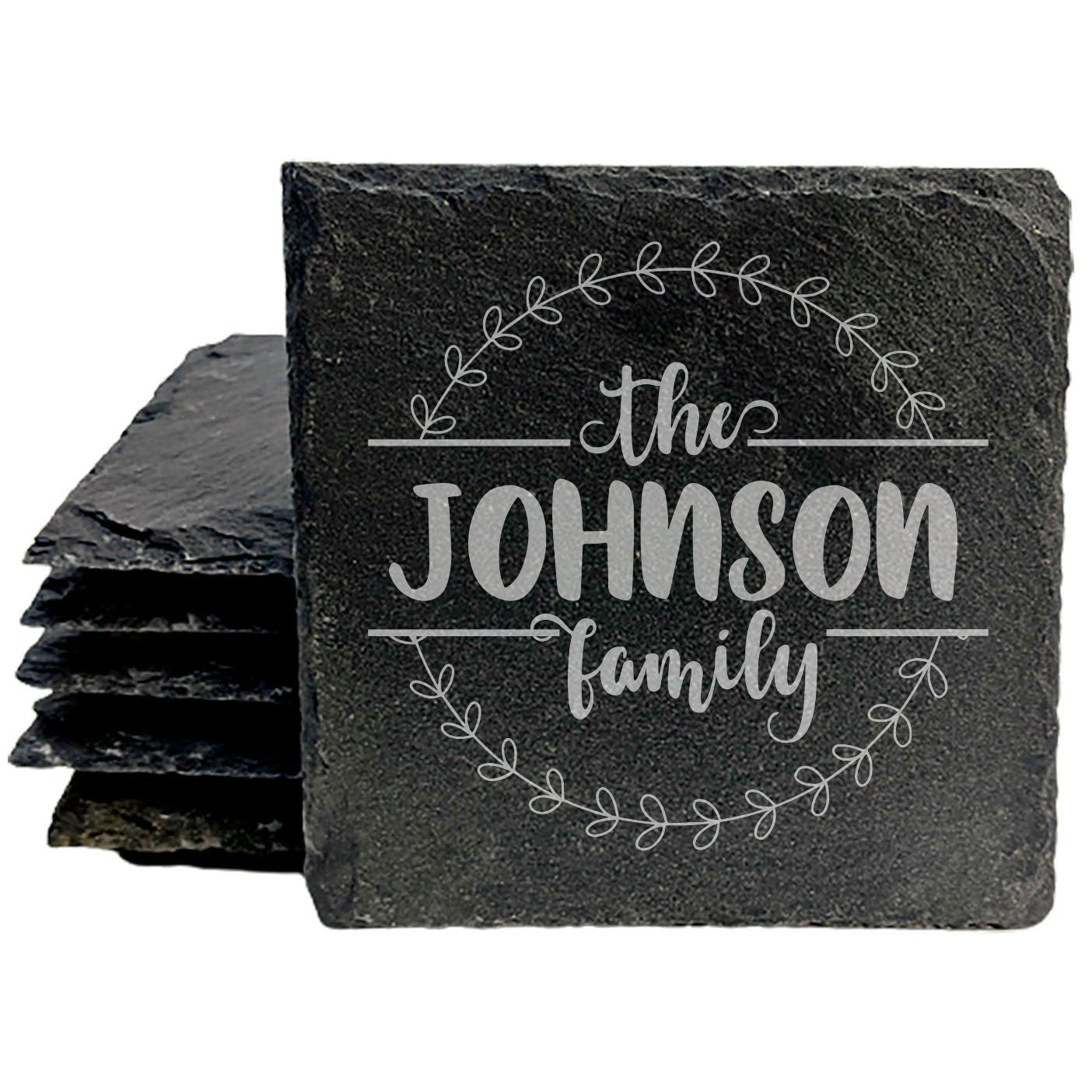 Coasters for the Family: Round Split Monogram Slate Drink Coasters with Flowers
