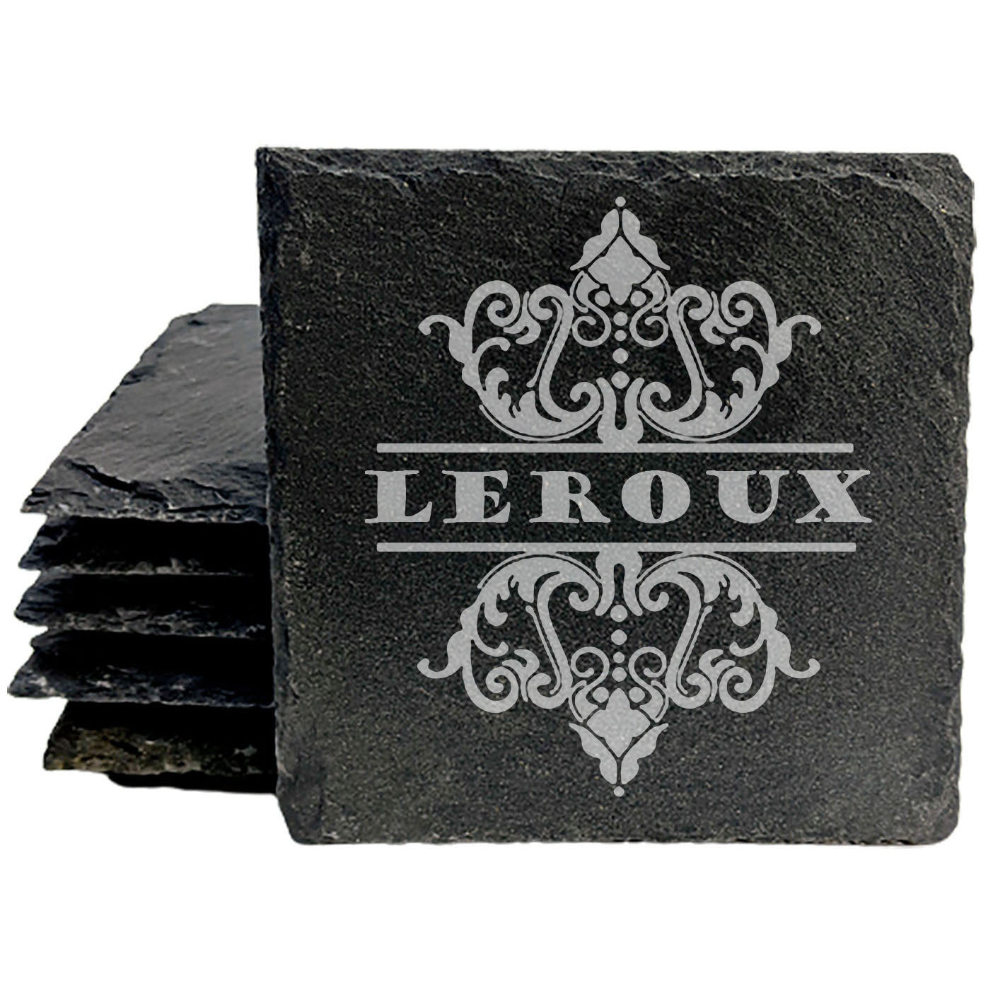 Rustic Refinement: Personalized Slate Coasters with Custom Text Design