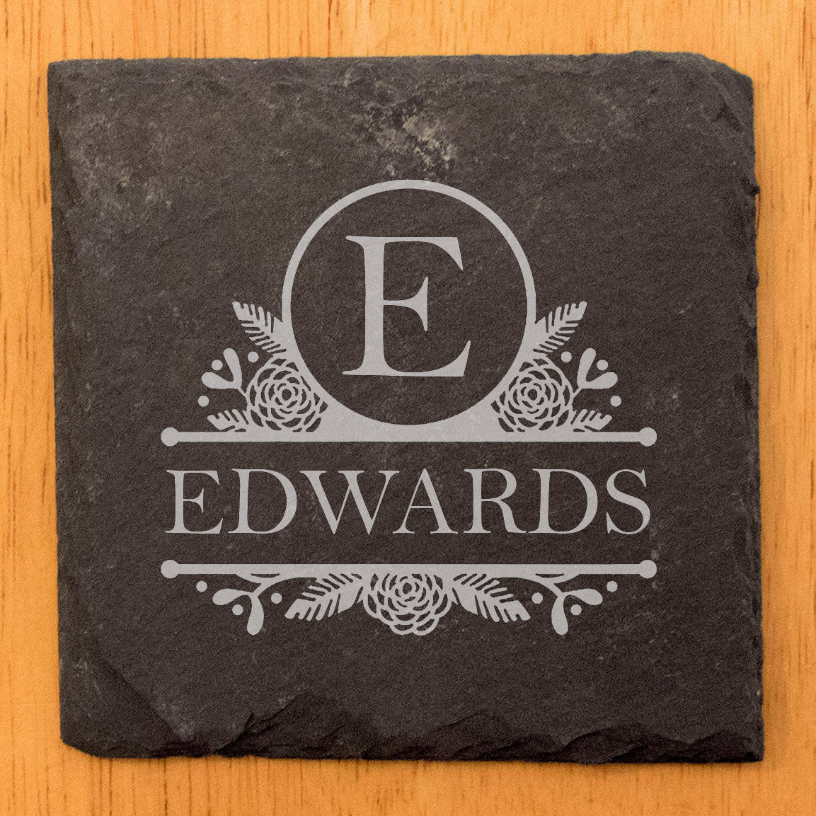 Rustic Charm: Personalized Slate Coasters with Floral Design &amp; Family Name