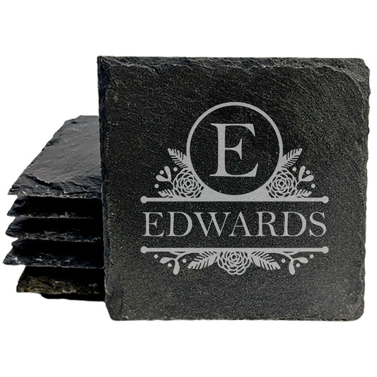 Rustic Charm: Personalized Slate Coasters with Floral Design &amp; Family Name