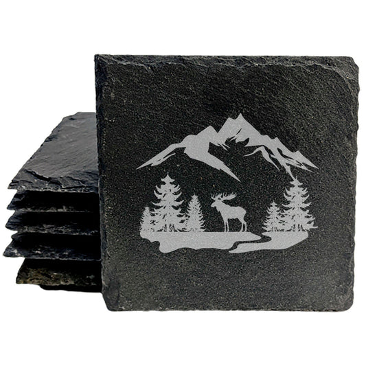 Majesty in the Meadow: Rustic Moose Coasters with Mountains
