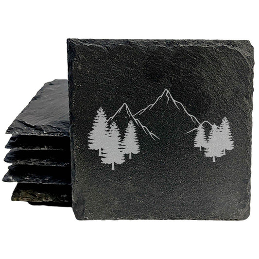 "Mountain Majesty" Slate Coasters with Stunning Mountain Scene Design - Perfect for Home and Office Decor and Protection of Surfaces, available in square or round Coasters