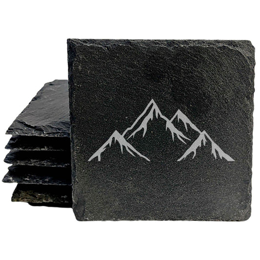 "Mountain Majesty" Slate Coasters with Stunning Mountain Scene Design - Perfect for Home and Office Decor and Protection of Surfaces, available in square or round Coasters