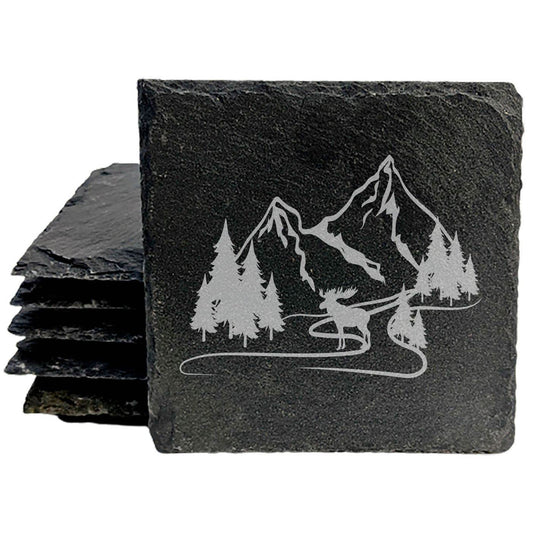 "Mountain Majesty" Slate Coasters with Stunning Mountain Scene Design - Perfect for Home and Office Decor and Protection of Surfaces, available in square or round Coasters