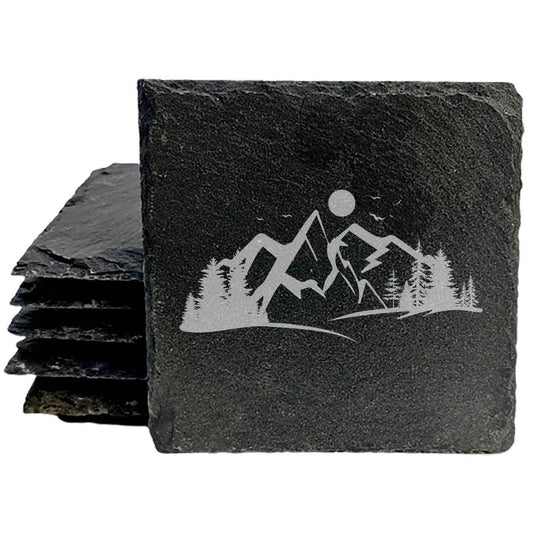 "Mountain Majesty" Slate Coasters with Stunning Mountain Scene Design - Perfect for Home and Office Decor and Protection of Surfaces, available in square or round Coasters