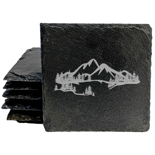"Mountain Majesty" Slate Coasters with Stunning Mountain Scene Design - Perfect for Home and Office Decor and Protection of Surfaces, available in square or round Coasters