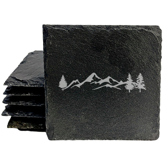 "Mountain Majesty" Slate Coasters with Stunning Mountain Scene Design - Perfect for Home and Office Decor and Protection of Surfaces, available in square or round Coasters