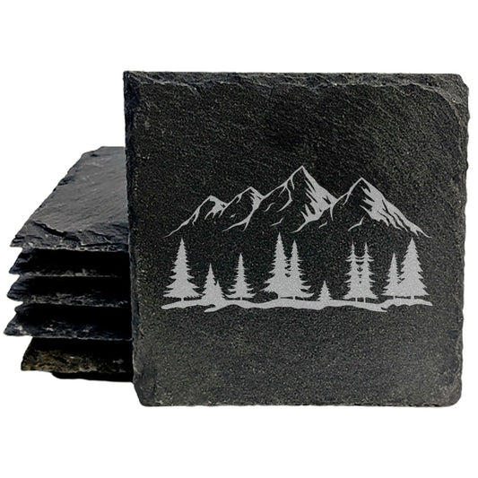 "Mountain Majesty" Slate Coasters with Stunning Mountain Scene Design - Perfect for Home and Office Decor and Protection of Surfaces, available in square or round Coasters