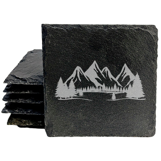 "Mountain Majesty" Slate Coasters with Stunning Mountain Scene Design - Perfect for Home and Office Decor and Protection of Surfaces, available in square or round Coasters