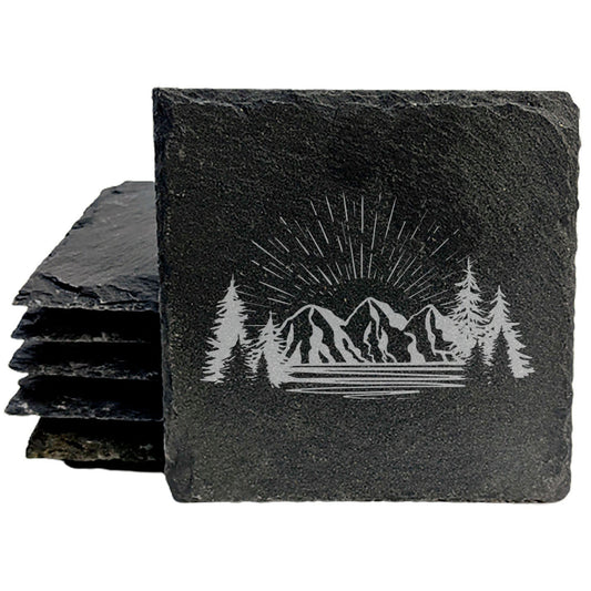 "Mountain Majesty" Slate Coasters with Stunning Mountain Scene Design - Perfect for Home and Office Decor and Protection of Surfaces, available in square or round Coasters