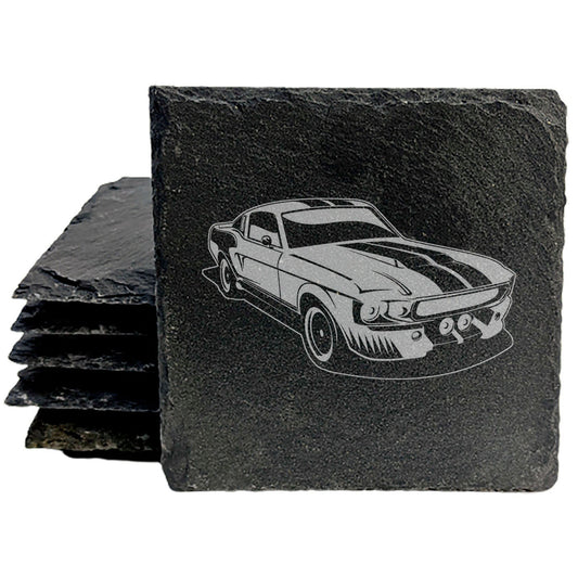 Premium Rustic Slate Coasters Set with Laser-Etched Ford Mustang Design | Stylish Drink Coasters for Home Decor and Car Enthusiasts