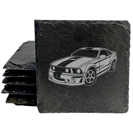 Premium Rustic Slate Coasters Set | Laser-Etched Ford Mustang Design | Protective Rubber Feet | Stylish Home Decor &amp; Drinkware