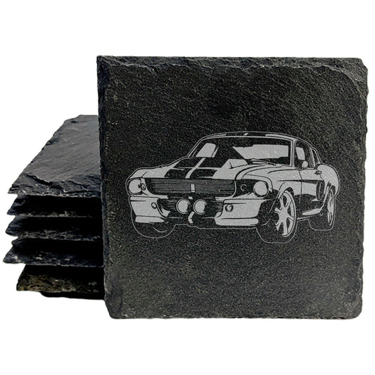 1967 Mustang Shelby GT500 "Eleanor" Design Rustic Gray Slate Coasters Set of 4 - Laser Etched, Natural Chipped Edge, Rubber Feet - Perfect Gift for Holidays, Birthdays, Housewarming - Made in USA