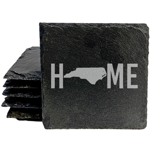 Rustic Slate Coasters Set of 4 - Laser Etched 'HOME' Design with North Carolina Shape - Perfect for Holidays, Birthdays, Housewarming - 4" Round, Natural Chipped Edge, Rubber Feet - Made in USA