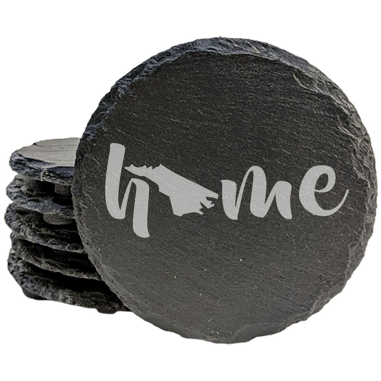 Rustic Slate Coasters Set of 4 - Laser Etched 'Home' Design with North Carolina Shape - Perfect for Holidays, Birthdays, Housewarming - 4" Round/Square - Made in Oregon - Natural Chipped Edge