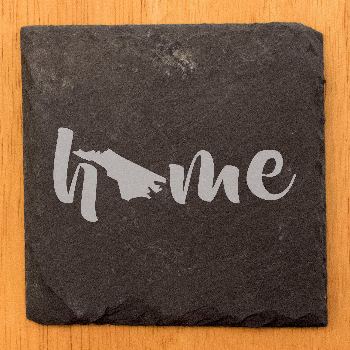 Rustic Slate Coasters Set of 4 - Laser Etched 'Home' Design with North Carolina Shape - Perfect for Holidays, Birthdays, Housewarming - 4" Round/Square - Made in Oregon - Natural Chipped Edge