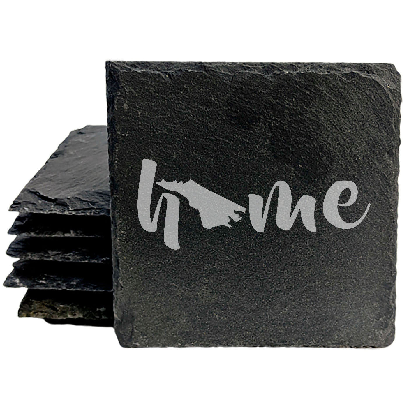 Rustic Slate Coasters Set of 4 - Laser Etched 'Home' Design with North Carolina Shape - Perfect for Holidays, Birthdays, Housewarming - 4" Round/Square - Made in Oregon - Natural Chipped Edge