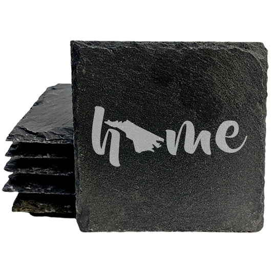 Rustic Slate Coasters Set of 4 - Laser Etched 'Home' Design with North Carolina Shape - Perfect for Holidays, Birthdays, Housewarming - 4" Round/Square - Made in Oregon - Natural Chipped Edge
