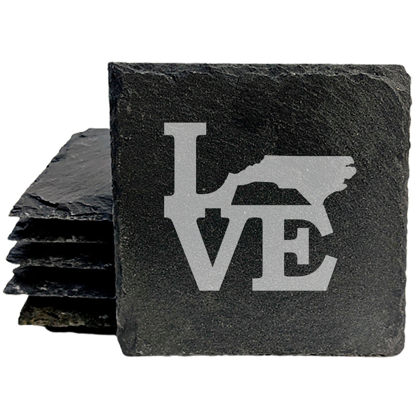 Rustic Slate Coasters Set of 4, Round 4" with 'LOVE' North Carolina Design, Perfect for Holidays, Birthdays, Housewarming Gifts, She-Shed or Man Cave, Made in Oregon, USA, Natural Chipped Edge