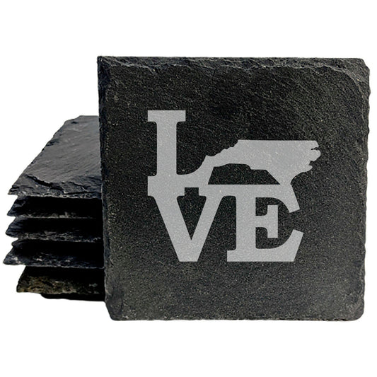 Rustic Slate Coasters Set of 4, Round 4" with 'LOVE' North Carolina Design, Perfect for Holidays, Birthdays, Housewarming Gifts, She-Shed or Man Cave, Made in Oregon, USA, Natural Chipped Edge