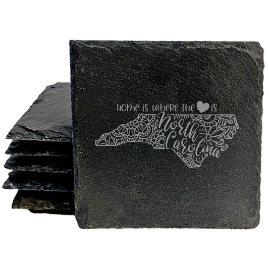 Rustic Slate Coasters Set of 4, Round 4" with North Carolina Mandala Design, 'Home is Where the Heart Is' Quote, Perfect Gift for Holidays, Birthdays, Housewarming, Made in Oregon, USA