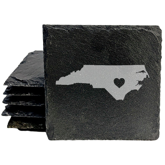 Rustic Slate Coasters Set of 4, Round 4" with North Carolina Heart Design, Perfect for Holidays, Birthdays, Housewarming Gifts, She-Shed or Man Cave, Made in Oregon, USA, Natural Chipped Edge