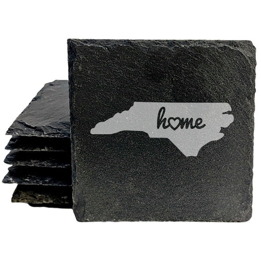 Rustic Slate Coasters Set of 4 - North Carolina 'Home' Design - Perfect for Holidays, Birthdays, Housewarming - Round 4" - Natural Chipped Edge, Rubber Feet - Made in Oregon, USA - Gift Boxed