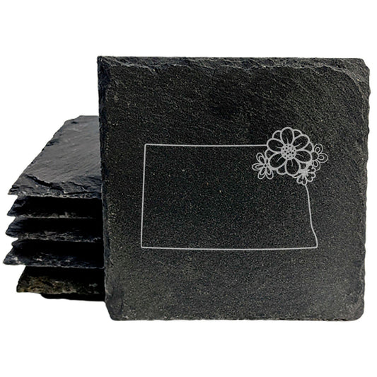 Rustic Slate Coasters Set of 4 - North Dakota Design, 4" Round/Square, Natural Chipped Edge, Rubber Feet,  - Perfect for Holidays, Birthdays, Housewarming - Made in Oregon, USA