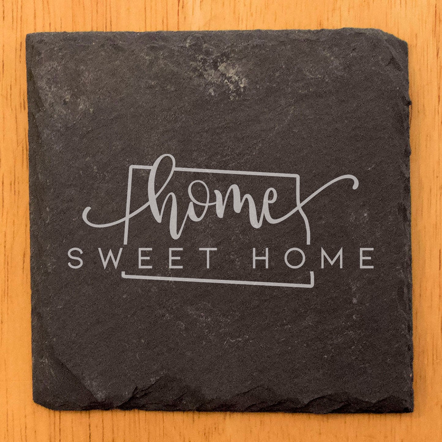 Rustic Slate Coasters Set of 4, Round 4" with 'Home Sweet Home' North Dakota Design, Perfect for Holidays, Birthdays, Housewarming Gifts, Made in Oregon, USA, Natural Chipped Edge, Rubber Feet