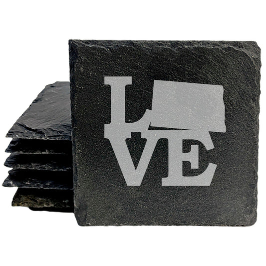 Rustic Slate Coasters Set of 4, Laser Etched 'LOVE' Design with North Dakota, 4" Round, Natural Chipped Edge, Rubber Feet, Perfect Gift for Holidays, Birthdays, Housewarming, Made in USA