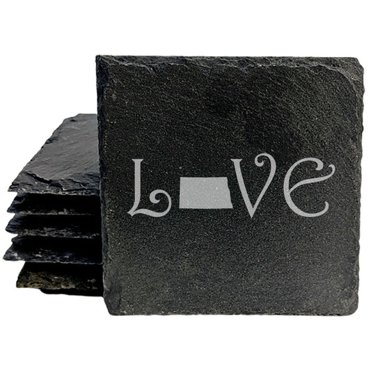 Rustic Slate Coasters Set of 4, Square 4" with 'LOVE' North Dakota Design, Perfect for Holidays, Birthdays, Housewarming, She-Shed or Man Cave, Made in Oregon, USA,