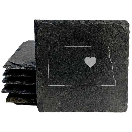 Rustic Slate Coasters Set of 4, Round 4" with North Dakota Heart Design, Laser Etched, Perfect for Holidays, Birthdays, Housewarming, She-Shed, Man Cave, Made in Oregon, USA,