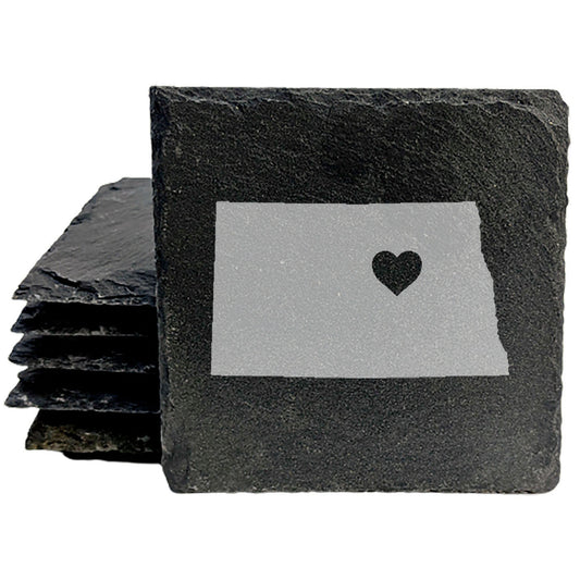 Rustic Slate Coasters Set of 4, Round 4" with North Dakota Heart Design, Perfect for Holidays, Birthdays, Housewarming Gifts, She-Shed or Man Cave, Made in Oregon, USA, Natural Chipped Edge