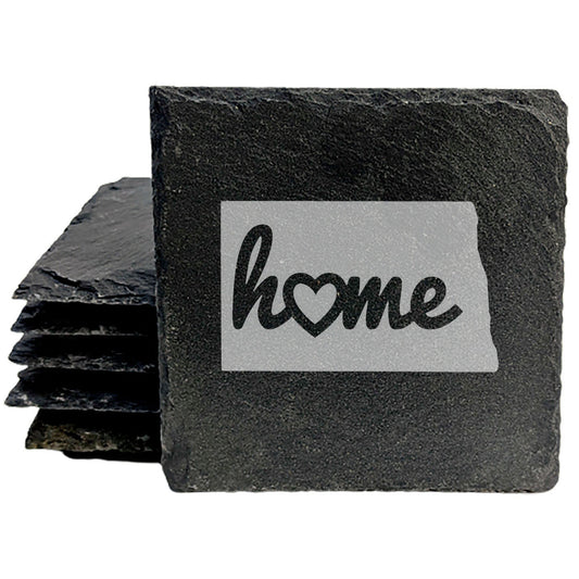 Rustic Slate Coasters Set of 4 - North Dakota 'Home' Design with Heart - Perfect Gift for Holidays, Birthdays, Housewarming - 4" Round, Natural Chipped Edge, Rubber Feet - Made in Oregon, USA