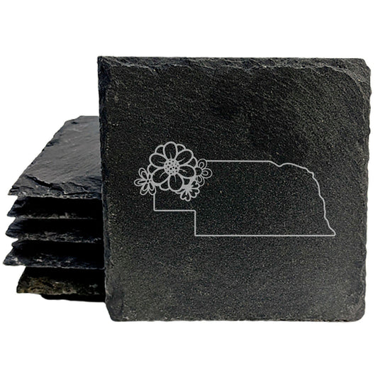 Rustic Slate Coasters Set of 4 - Nebraska Design with Flower, 4" Round/Square, Natural Chipped Edge, Rubber Feet,  - Perfect for Holidays, Birthdays, Housewarming - Made in USA