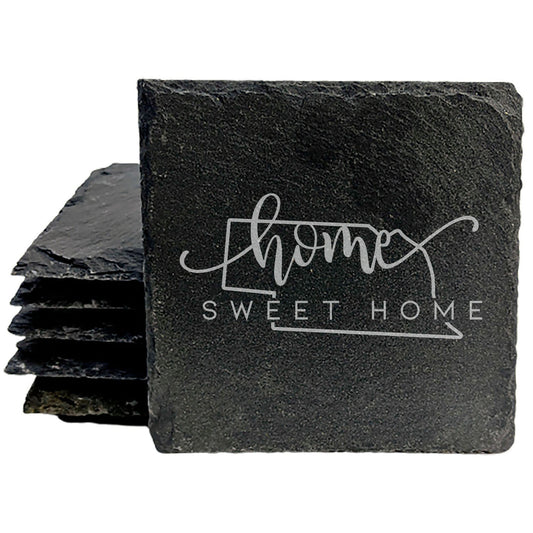 Rustic Slate Coasters Set of 4, Round 4" with 'Home Sweet Home' Nebraska Design, Perfect Gift for Holidays, Birthdays, Housewarming, She-Shed, Man Cave, Made in Oregon, USA, Natural Chipped Edge